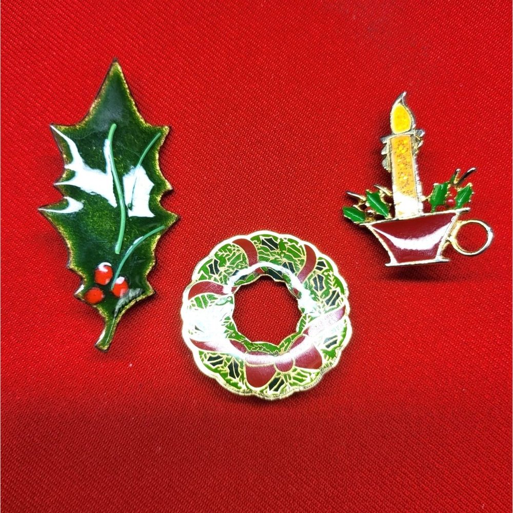 Christmas Pins/ Brooch Set of 3 Christmas Candle,  Leaf & Wreath Pins